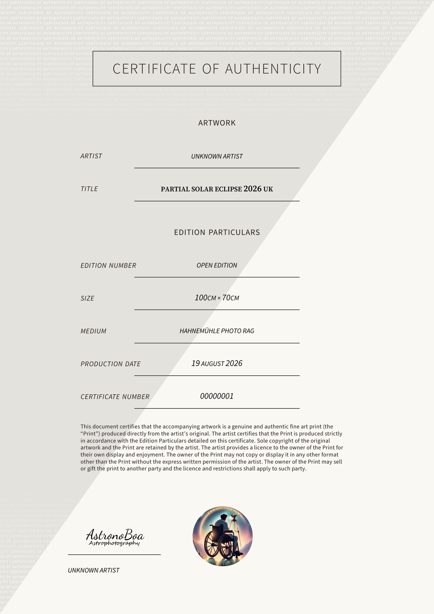 Partial Solar Eclipse 2026 UK — Certificate of Authenticity