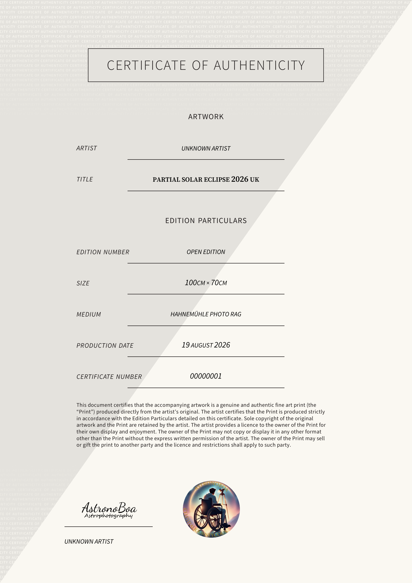Partial Solar Eclipse 2026 UK — Certificate of Authenticity