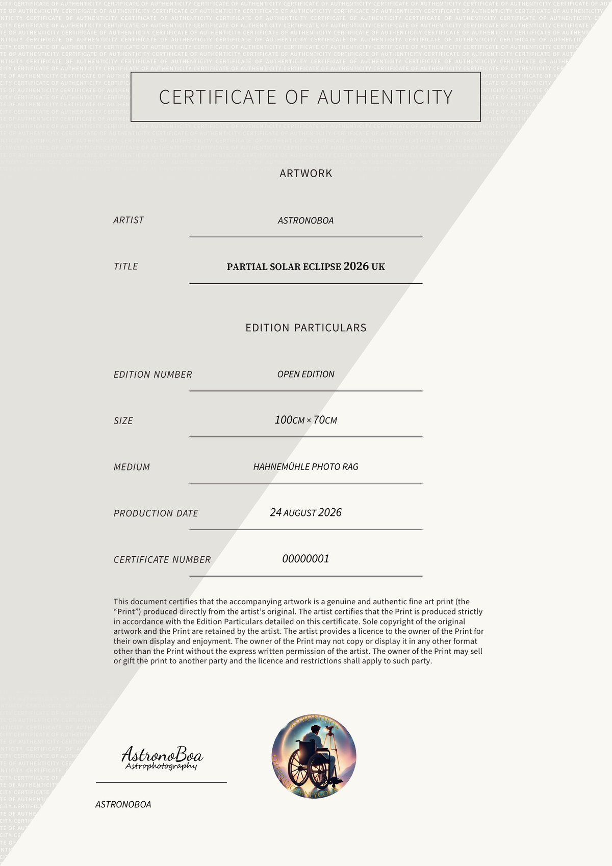 Partial Solar Eclipse 2026 UK — Certificate of Authenticity